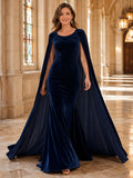 Dark Navy Bateau Velvet Extended Cape Mermaid Train Guest Dress front view
