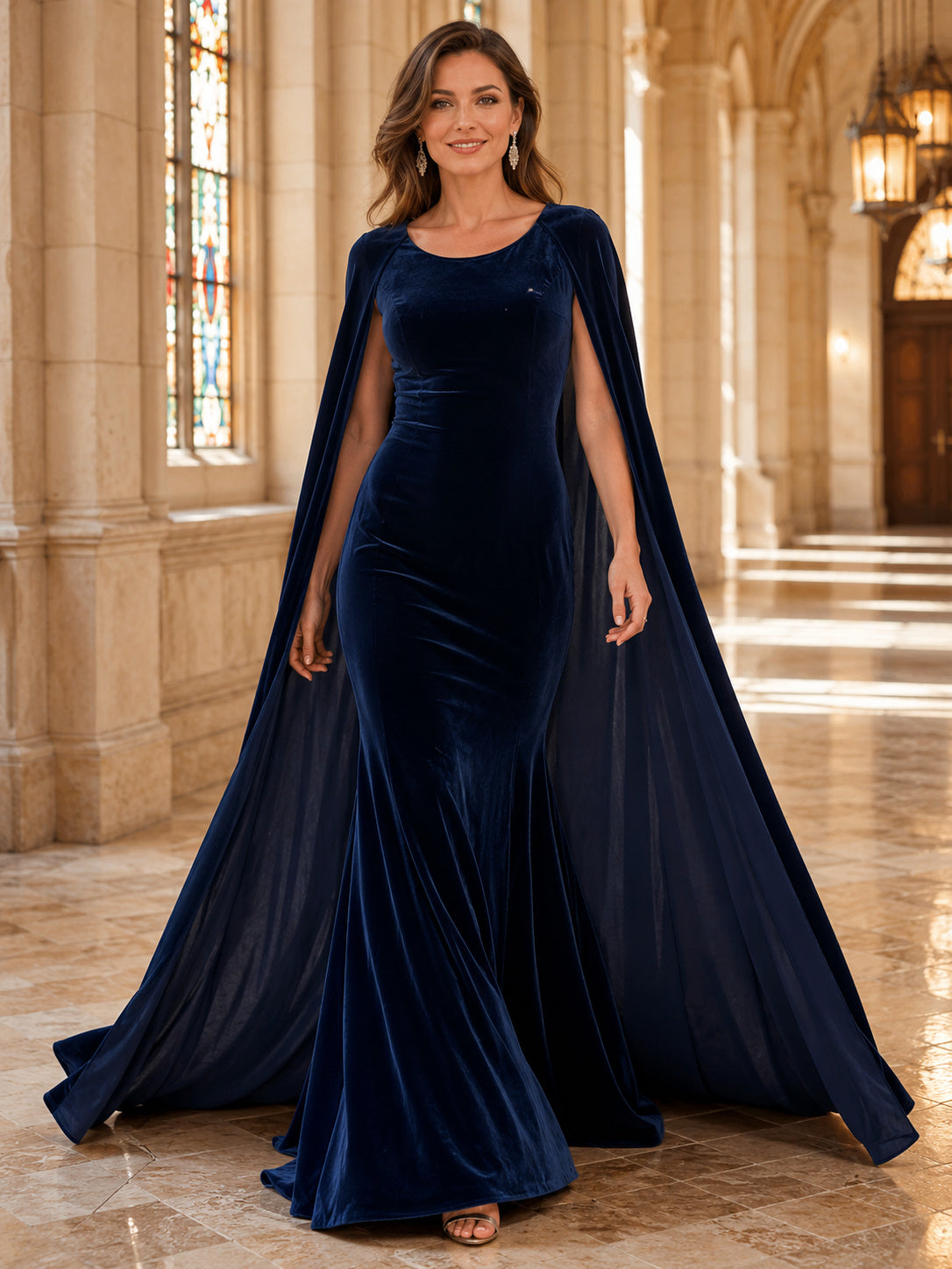 Dark Navy Bateau Velvet Extended Cape Mermaid Train Guest Dress front view
