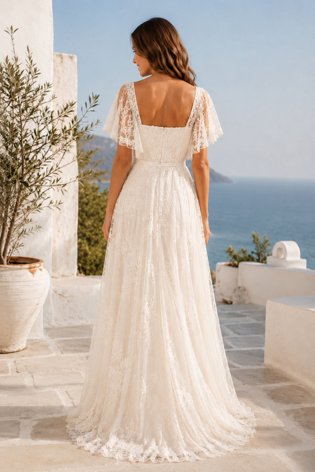 Square Neck Flutter Sleeve A-Line Wedding Dress with Lace Overlay and Soft Train back view
