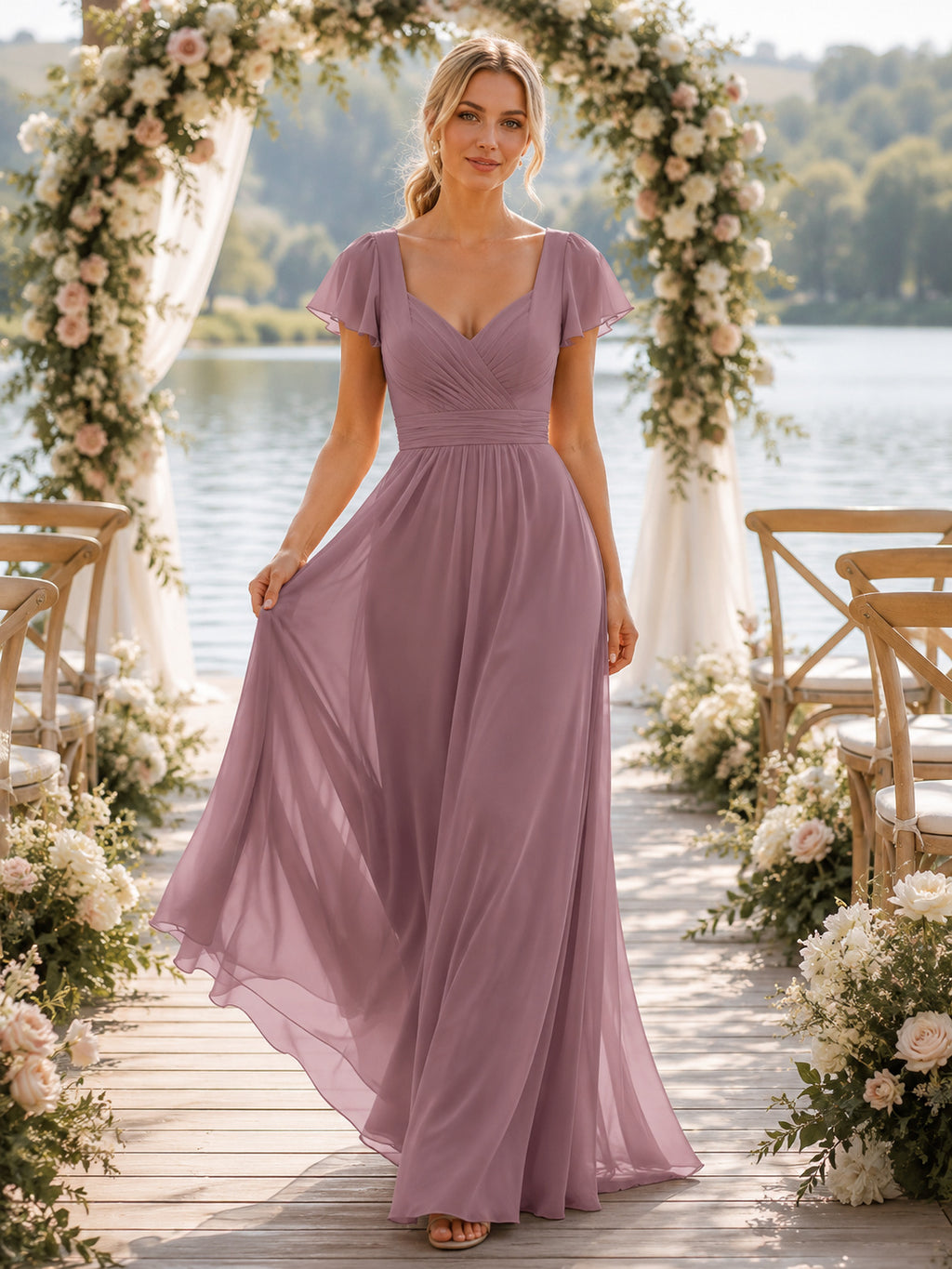 Mauve flutter sleeve chiffon floor length bridesmaid dress with flowing skirt front view