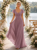 Mauve flutter sleeve chiffon floor length bridesmaid dress with flowing skirt front view