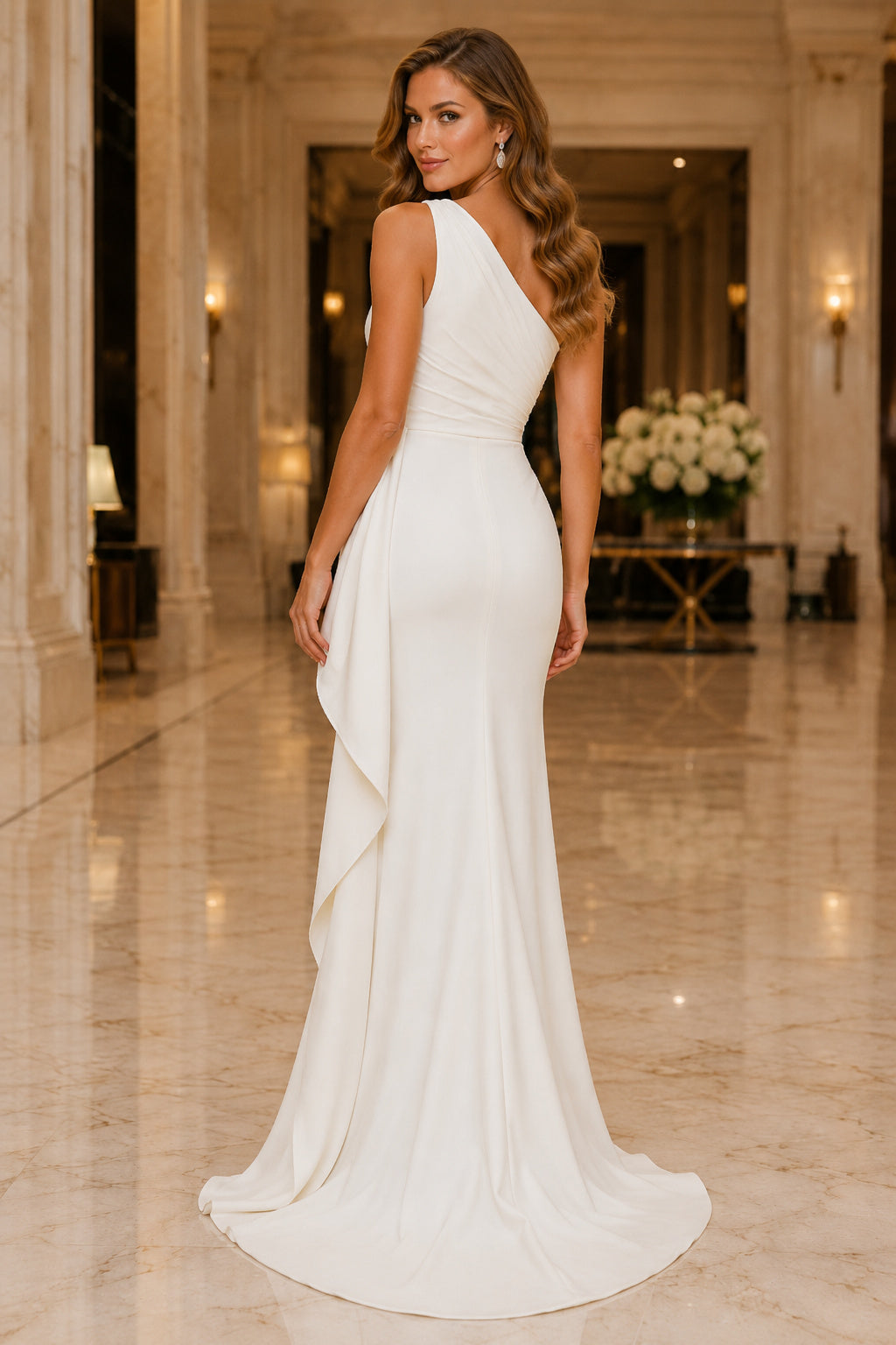 Ivory one shoulder sheath wedding dress with side drape and sweep train Floor-length And Sweep/Brush Train Sheath Wedding Dre