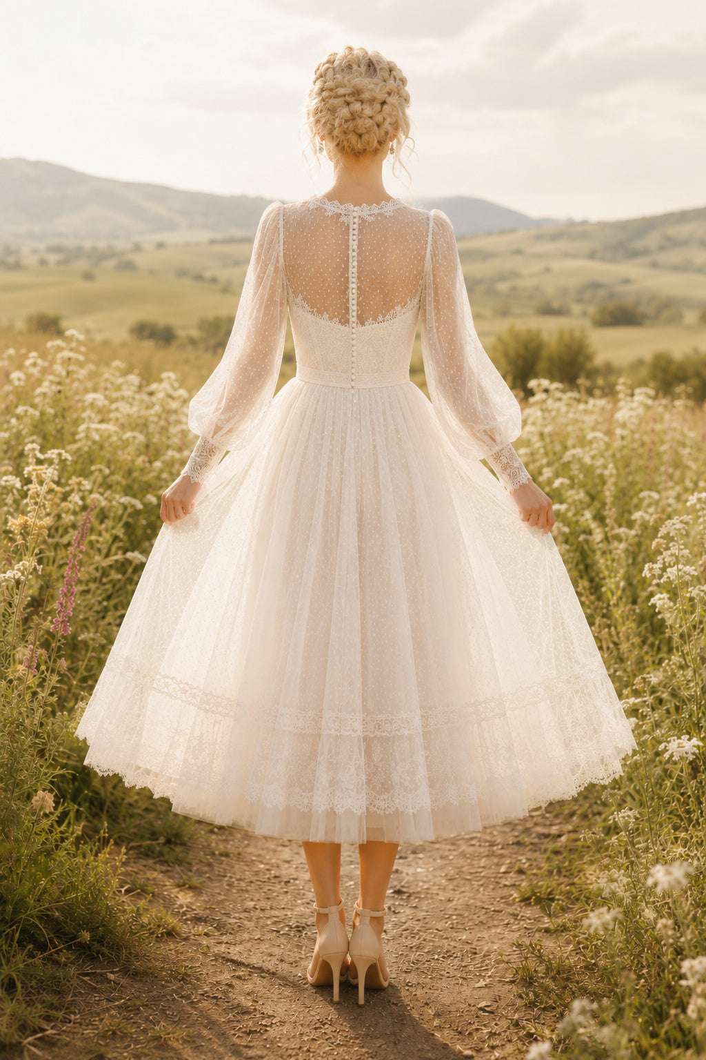 Ivory Bateau Long Sleeve Applique Tulle Tea Length Wedding Dress for Wedding Reception and Party back view