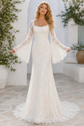 Ivory Bell Sleeve Sheath Lace Wedding Dress with Square Neck and Sweep Train front view