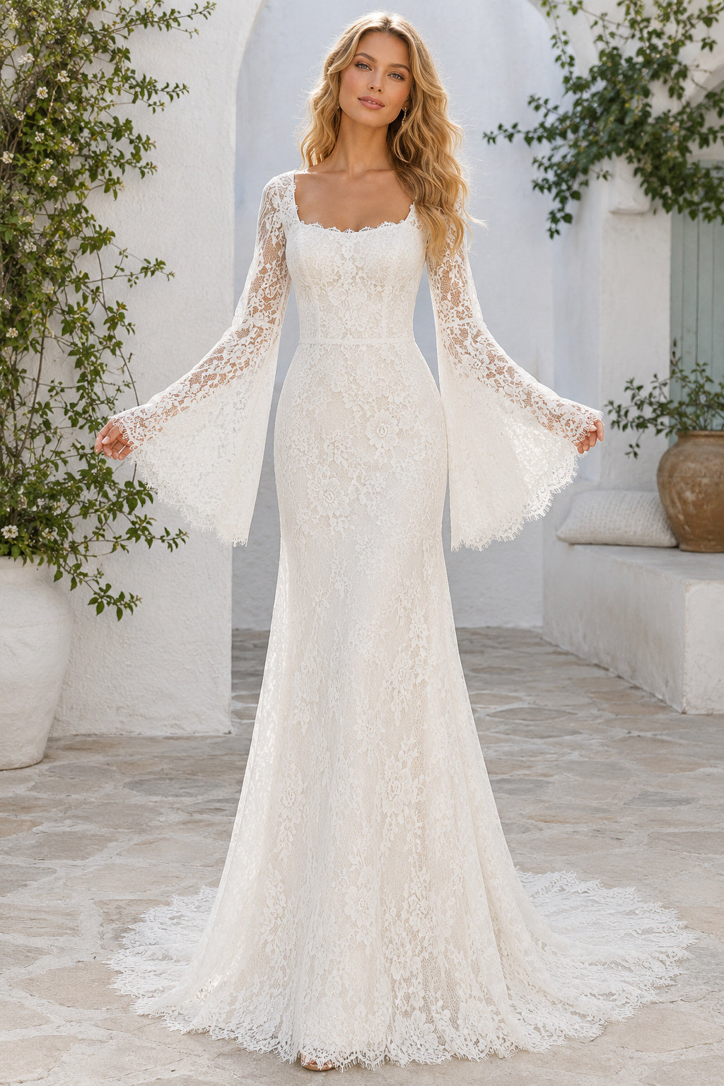 Ivory Bell Sleeve Sheath Lace Wedding Dress with Square Neck and Sweep Train front view