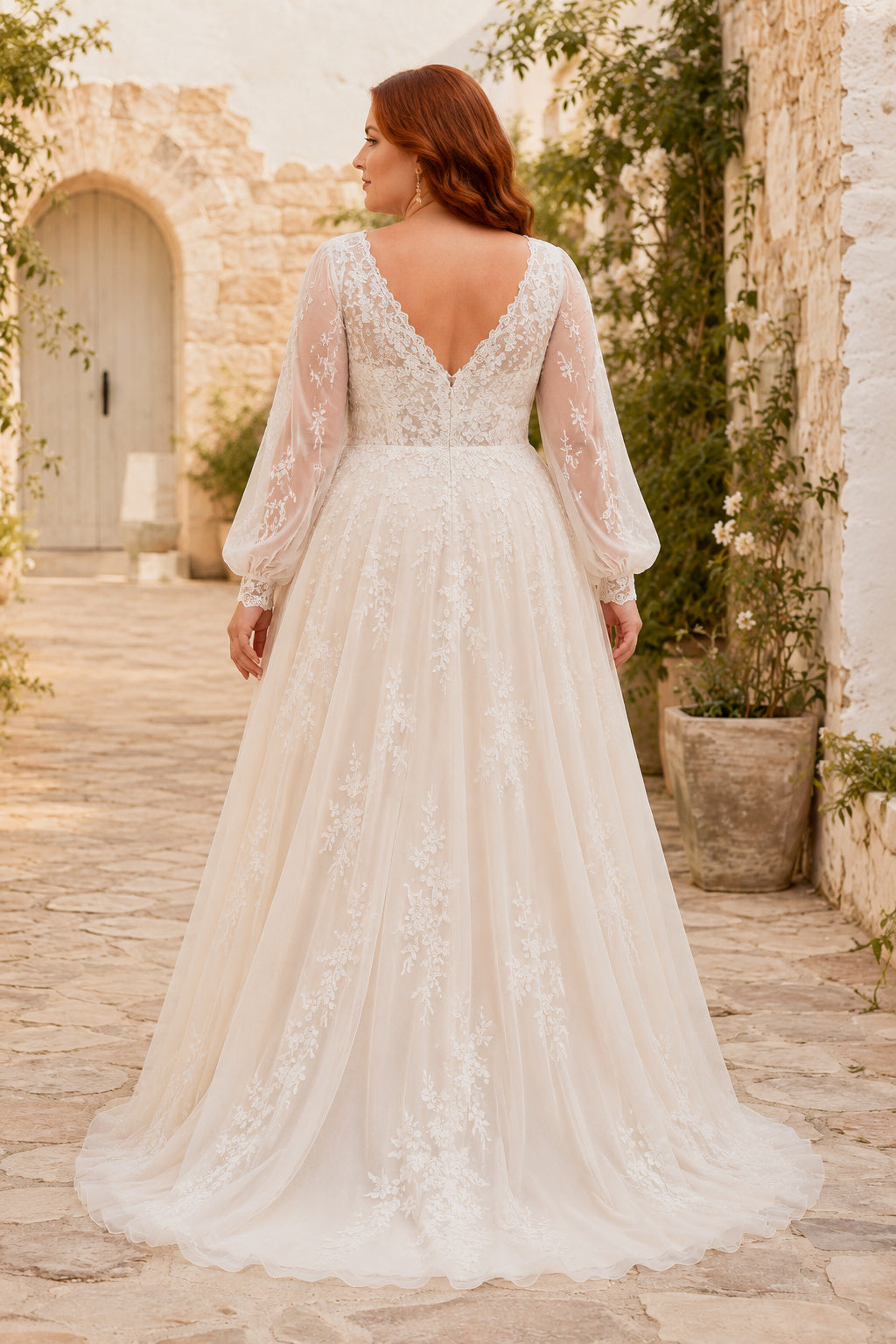 Plus Size Ivory V-Neck Bishop Sleeve Lace Tulle A-Line Wedding Dress with Bishop Sleeves and Flowing Tulle Skirt back view