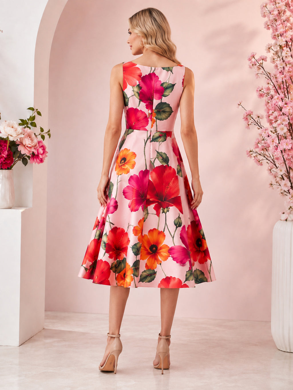 Bright Large Floral Sleeveless Pink Tea Length Dress back view