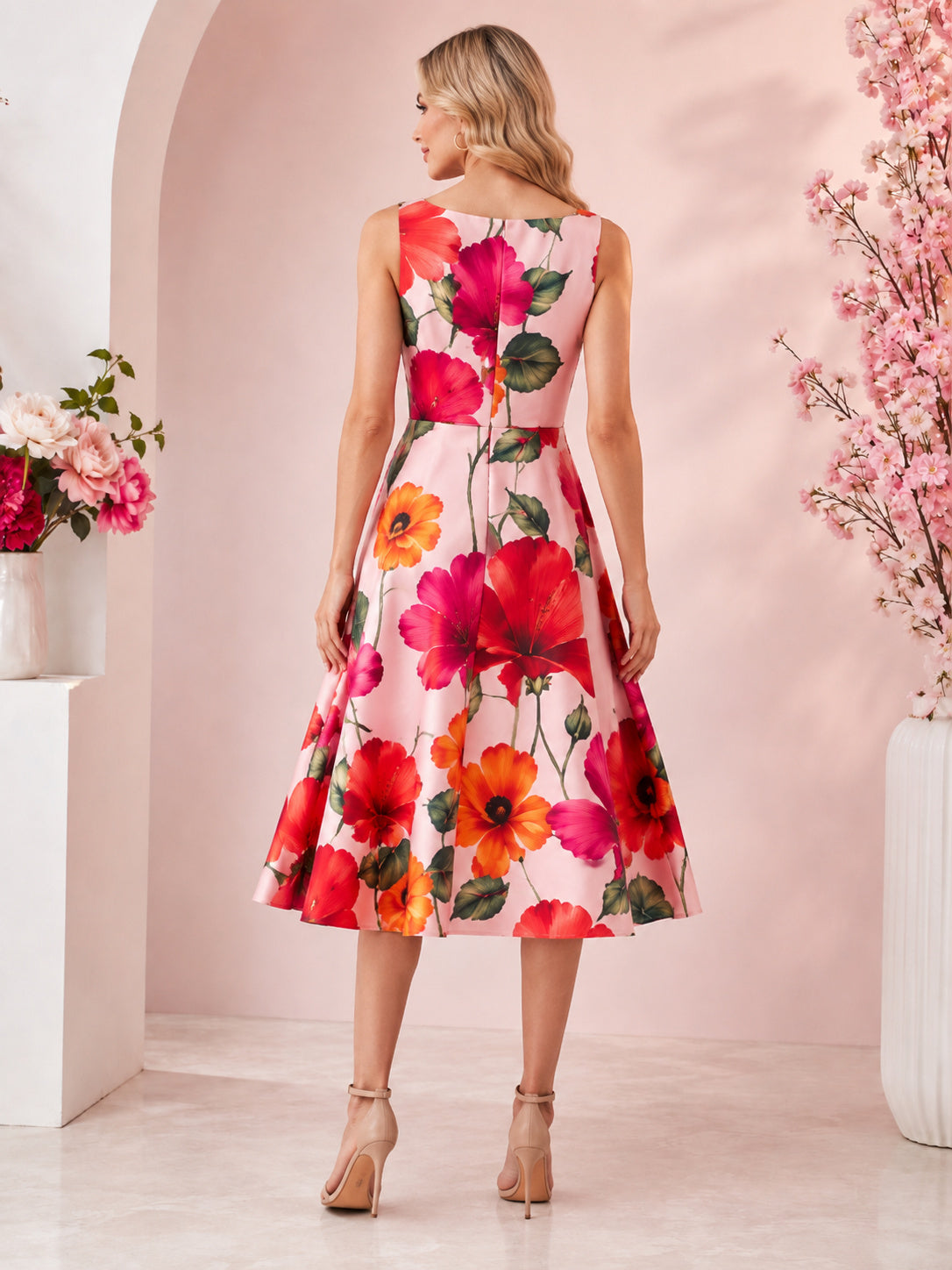 Bright Large Floral Sleeveless Pink Tea Length Dress back view