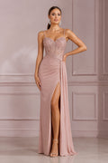 Dusty Rose Spaghetti Strap Sheath Prom Dress with Lace Bodice and Slit front view