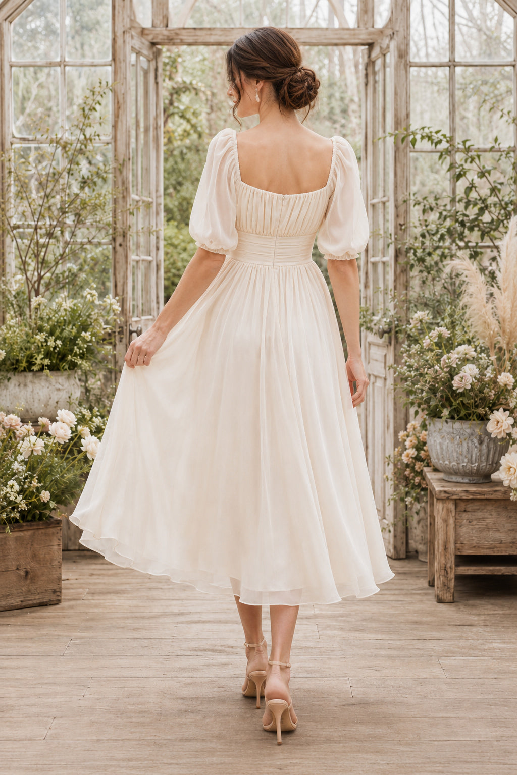 Ivory Square Neck Puff Sleeve Chiffon Tea Length Wedding Dress for Wedding Reception and Party back view
