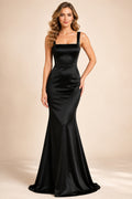 Black square neck satin mermaid gown with wide straps and fitted skirt Floor-length Mermaid Trumpet Formal Dress front view