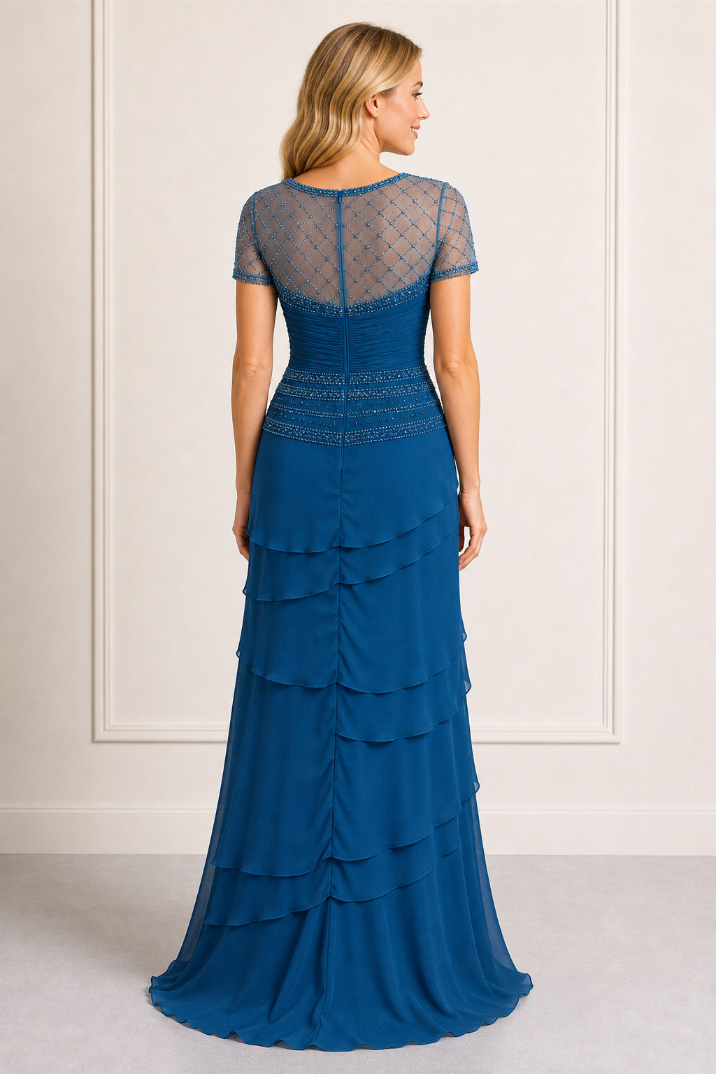Teal Bateau Short Sleeve Sheath Chiffon Floor-Length Dress With Tiered Skirt