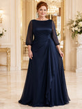 Plus size navy long sleeve chiffon A line mother gown front view