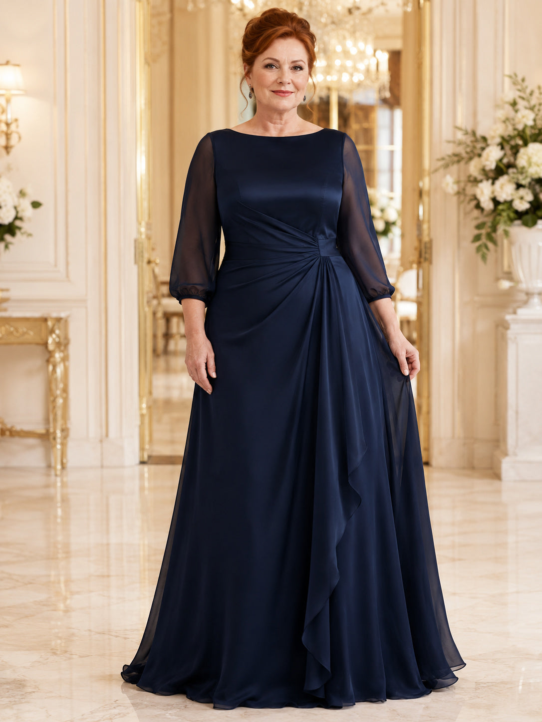 Plus size navy long sleeve chiffon A line mother gown front view
