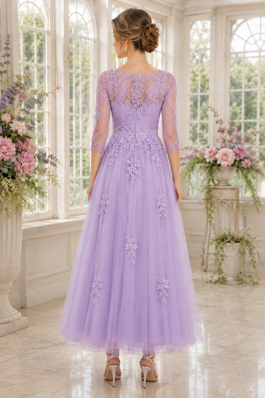 Lavender Long Sleeve Illusion Lace Dress with Tulle Skirt Tea Length A-Line Mother Dress back view