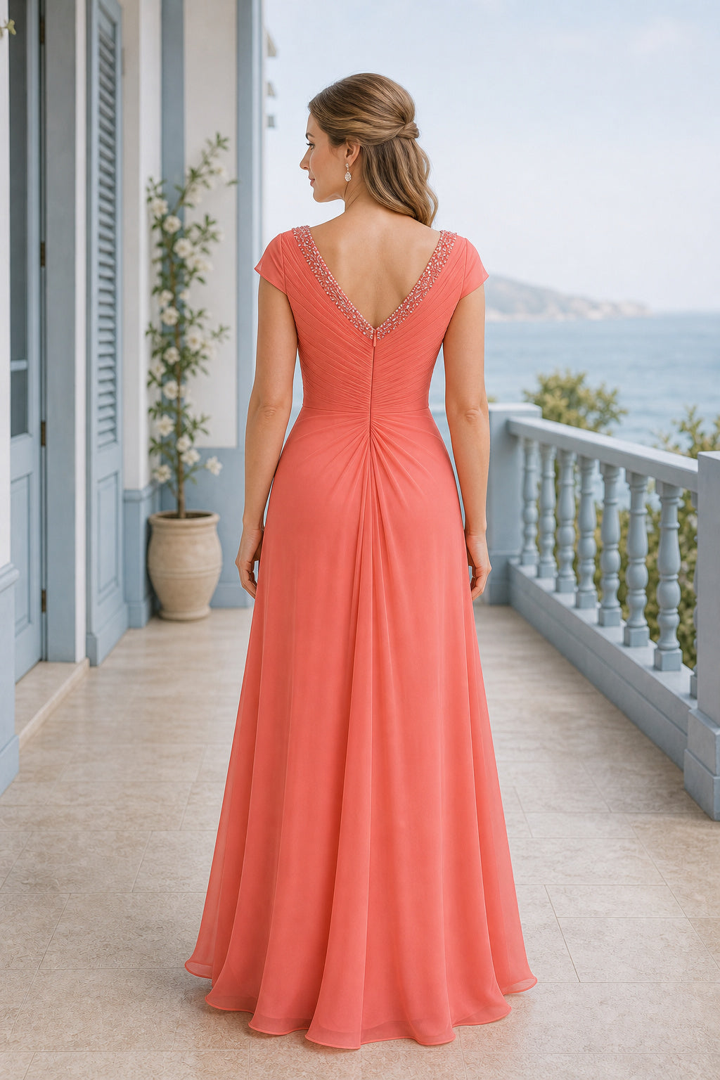 Coral V-neck Cap Sleeve A-Line Chiffon Floor-Length Dress With Draped Skirt
