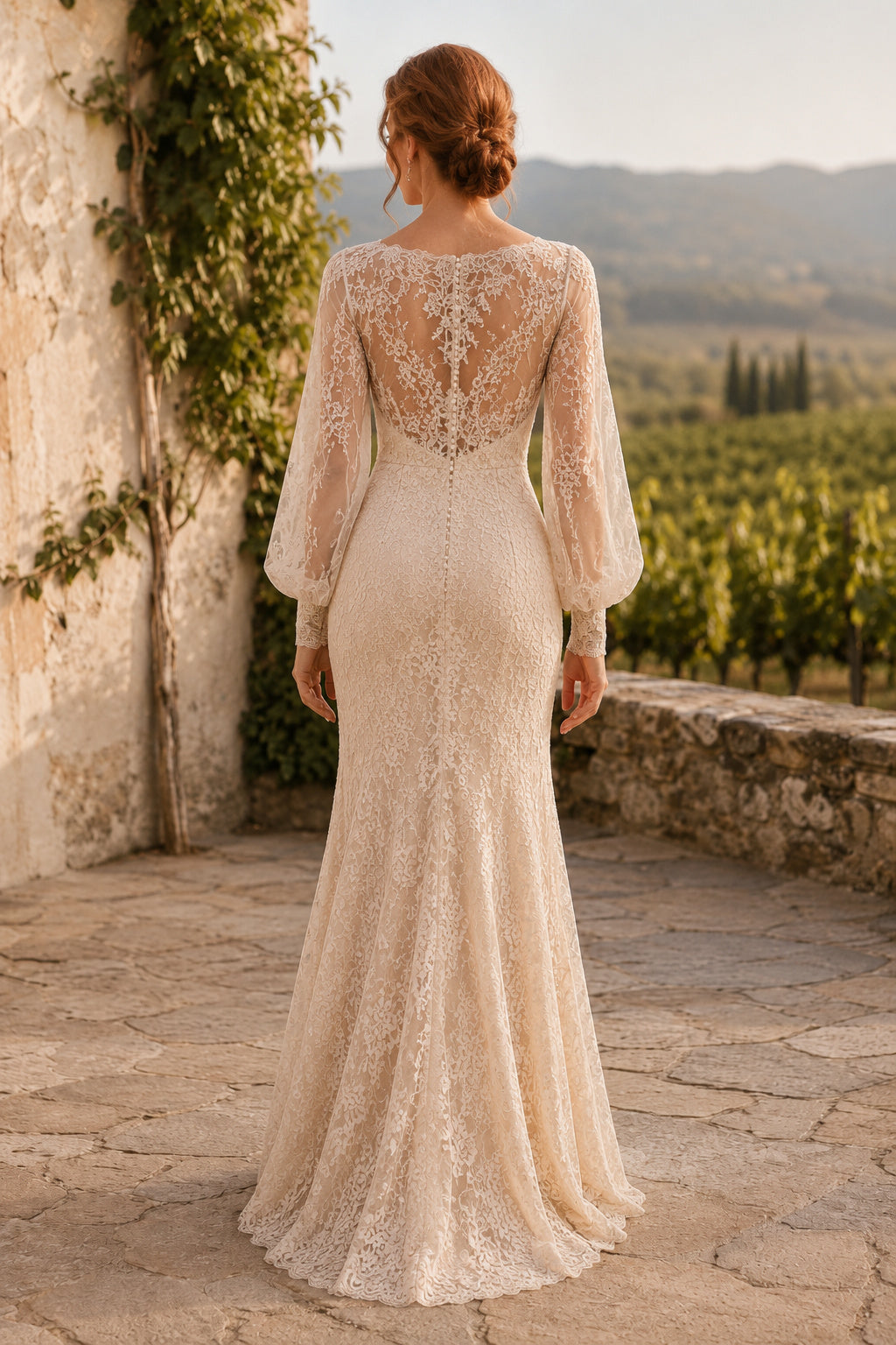 Champagne High Neck Long Sleeve Mermaid Wedding Dress with Lace Overlay Train for Beach Garden Ceremony back view