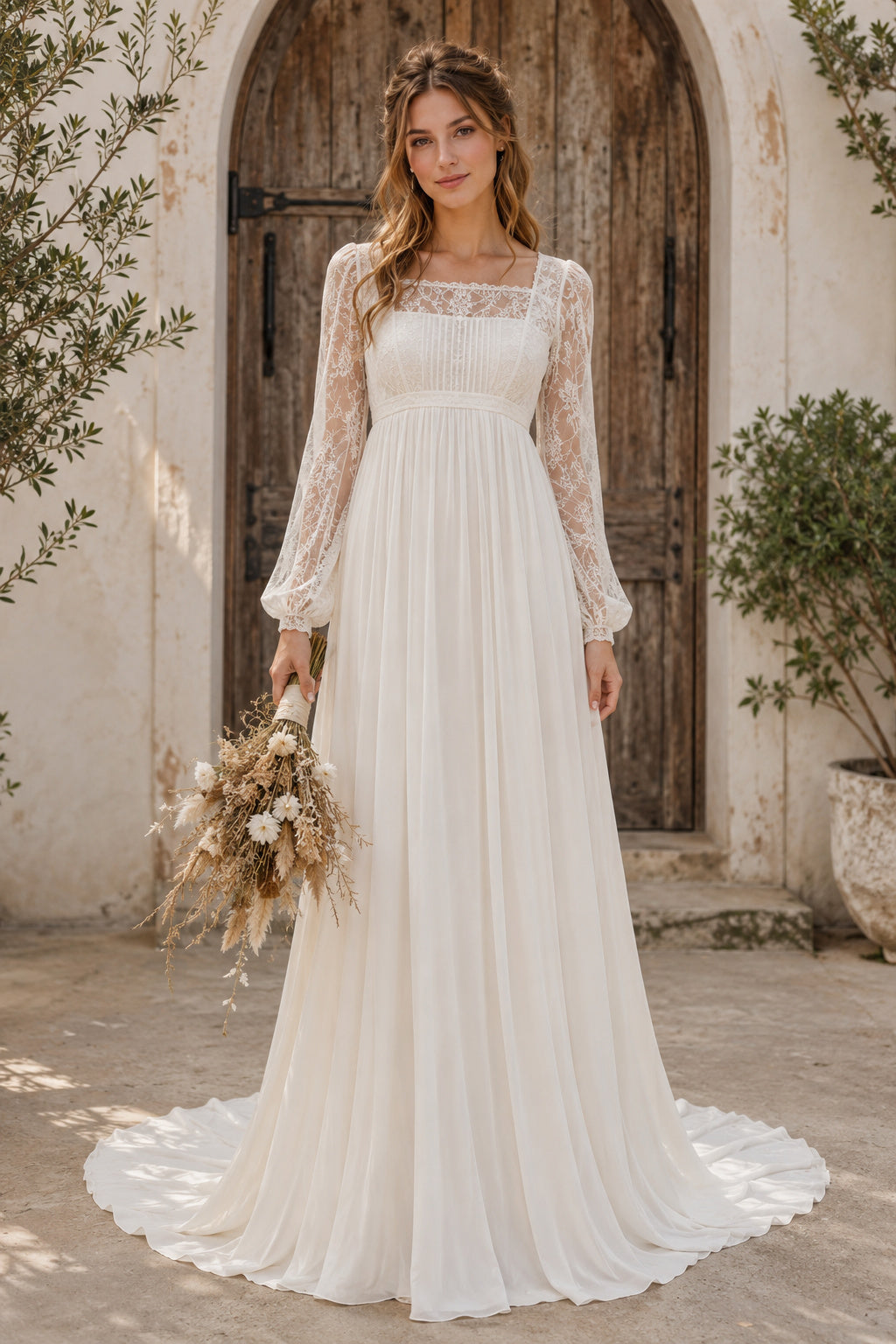Ivory Boho Square Neck A-Line Chiffon Tulle Wedding Dress with Long Poet Sleeves and Sweep Train front view