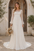 Ivory Boho Square Neck A-Line Chiffon Tulle Wedding Dress with Long Poet Sleeves and Sweep Train front view