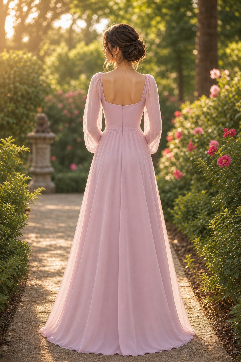 Dusty Rose Scoop Neck Long Sleeve Chiffon A-Line Dress