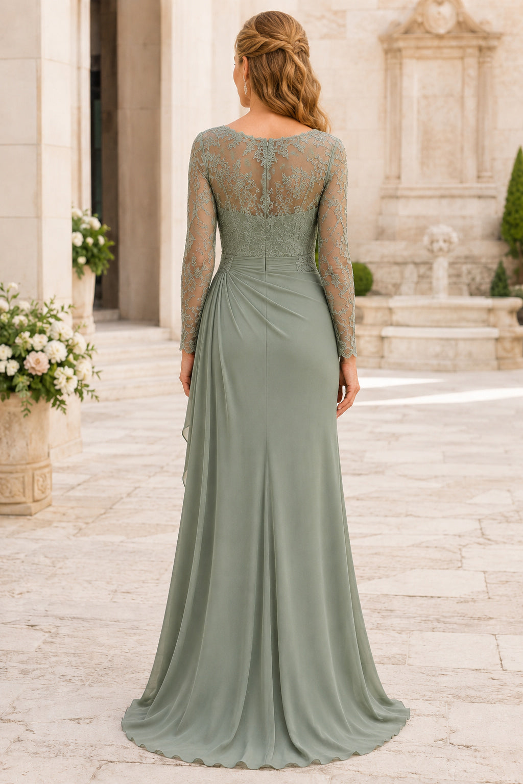 Sage Long Sleeve Sheath Mother Dress with Lace Bodice and Draped Chiffon Skirt for Evening Reception back view