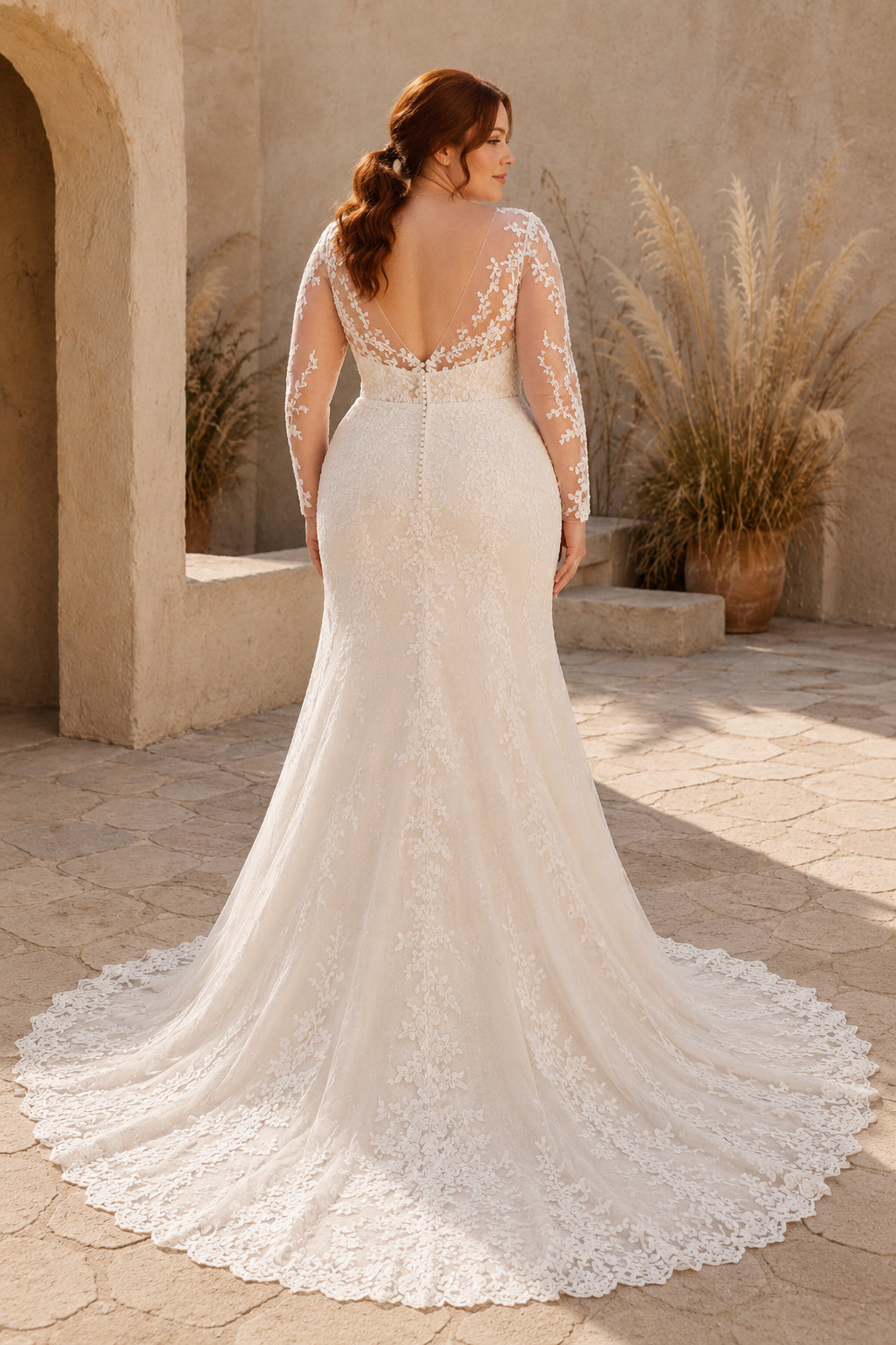 Plus Size Long Sleeve Lace Mermaid Wedding Dress with Illusion Neck back view