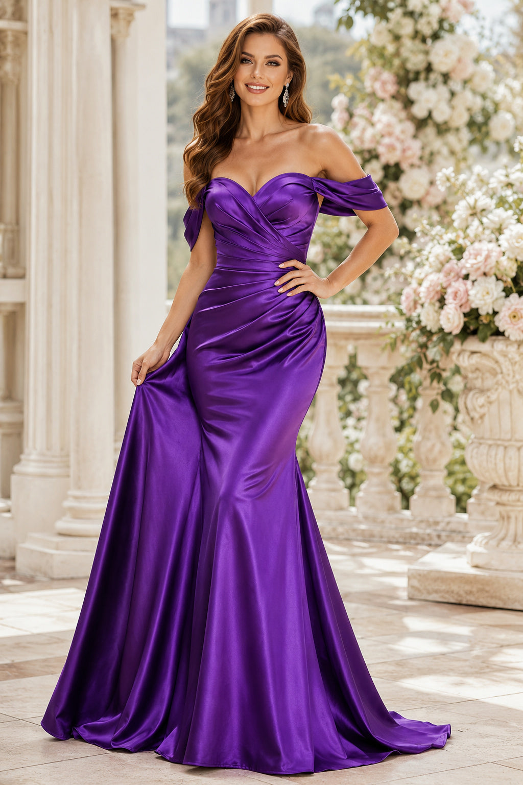 Evening Gown Regency Satin Mermaid Off Shoulder Short Sleeve Ruched Floor Length front view