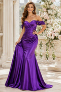 Evening Gown Regency Satin Mermaid Off Shoulder Short Sleeve Ruched Floor Length front view