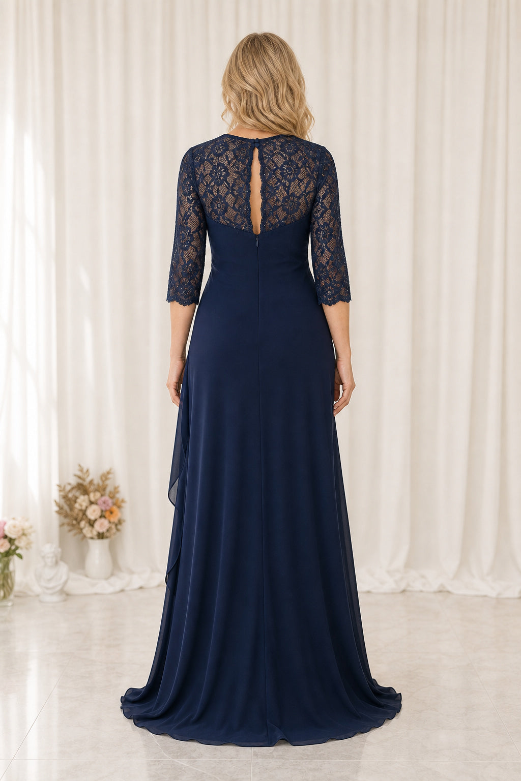 Navy Sweetheart Three-Quarter Sleeve Sheath Chiffon Floor-Length Dress With Lace Jacket