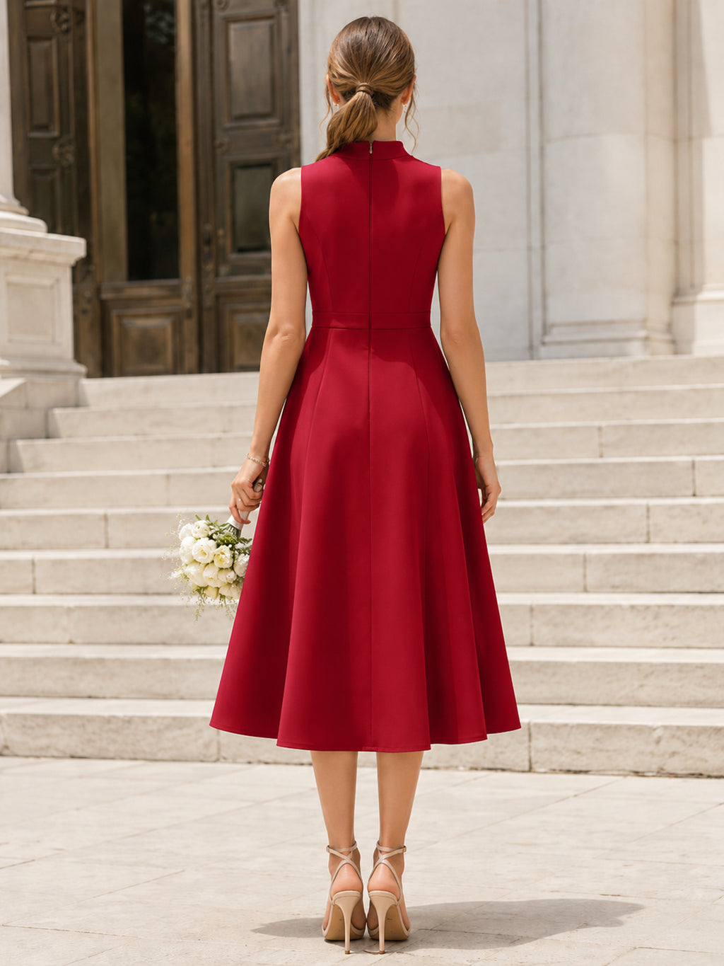 Red Courthouse High Neck Sleeveless A-Line Wedding Dress back view
