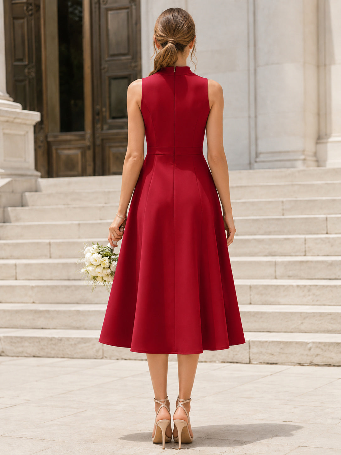 Red Courthouse High Neck Sleeveless A-Line Wedding Dress back view