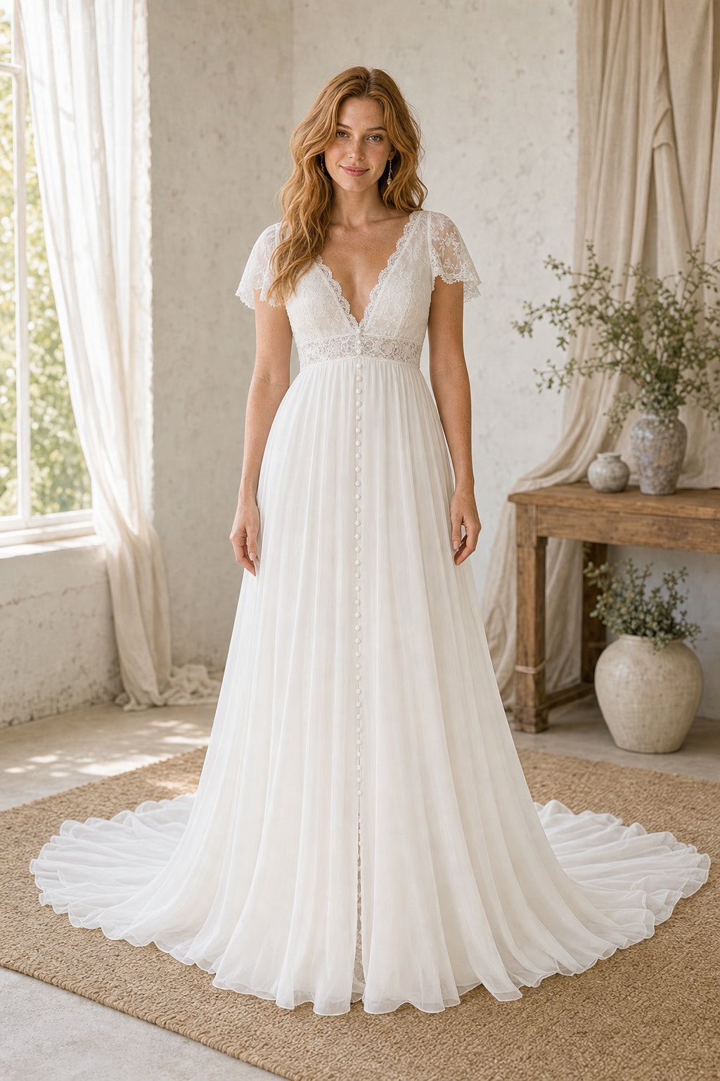 White Square A-Line Chiffon Floor-length Wedding Dress With Layered Skirt and Beaded Bodice and Open Back