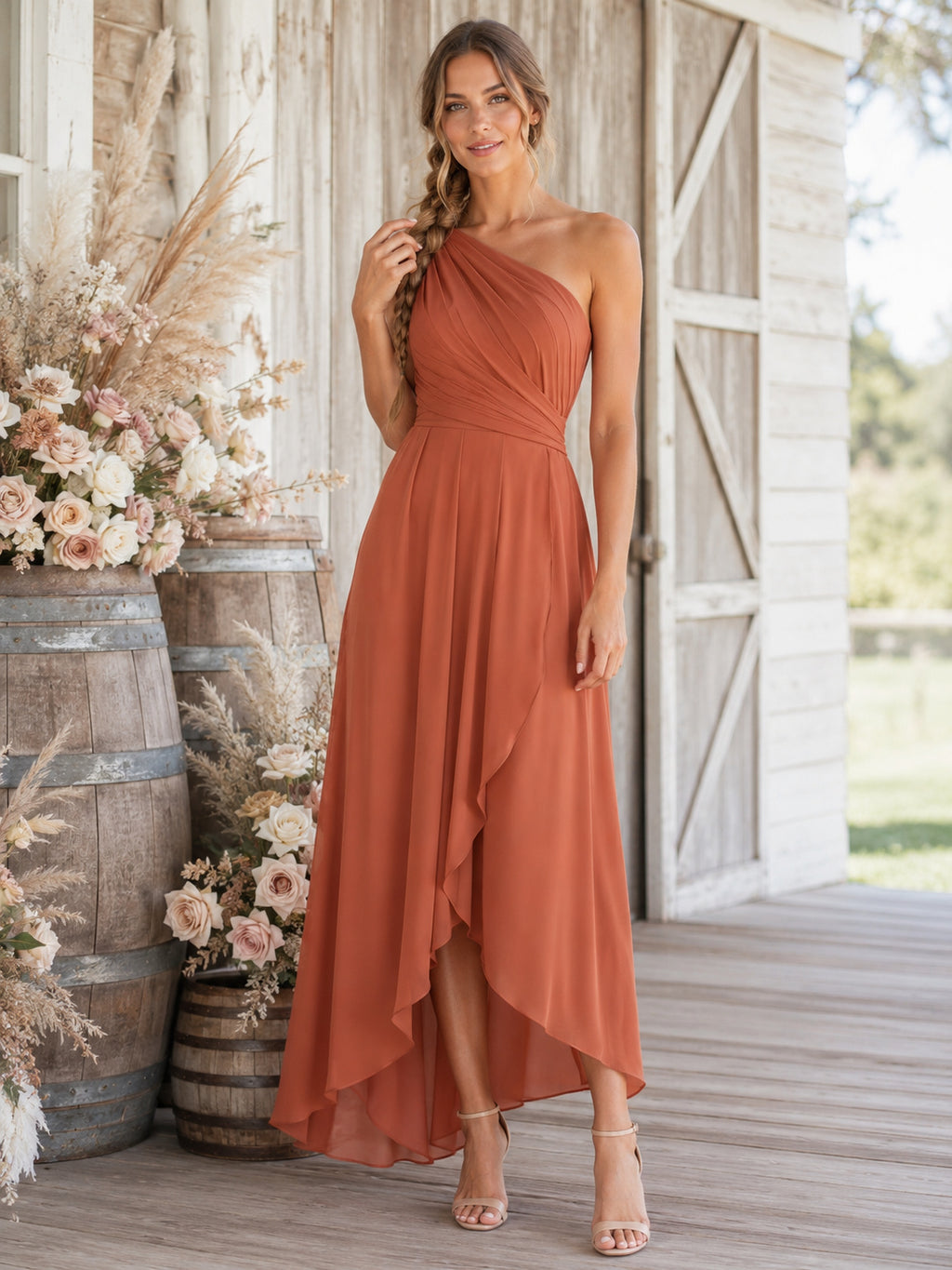 Terracotta One Shoulder Draped Chiffon High Low Guest Dress front view