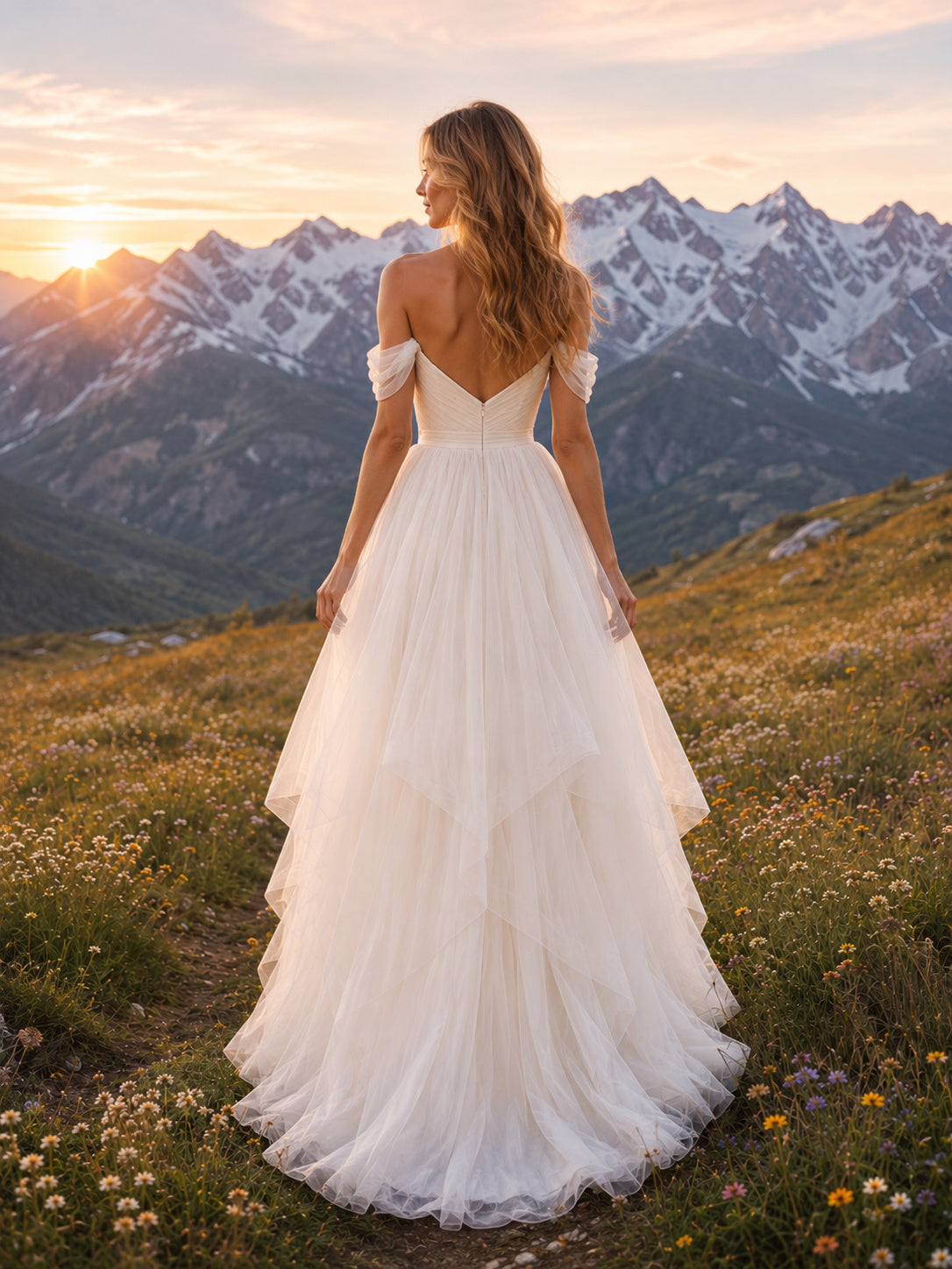 Layered Tulle Off-Shoulder Alpine Meadow Elopement Bridal Gown back view