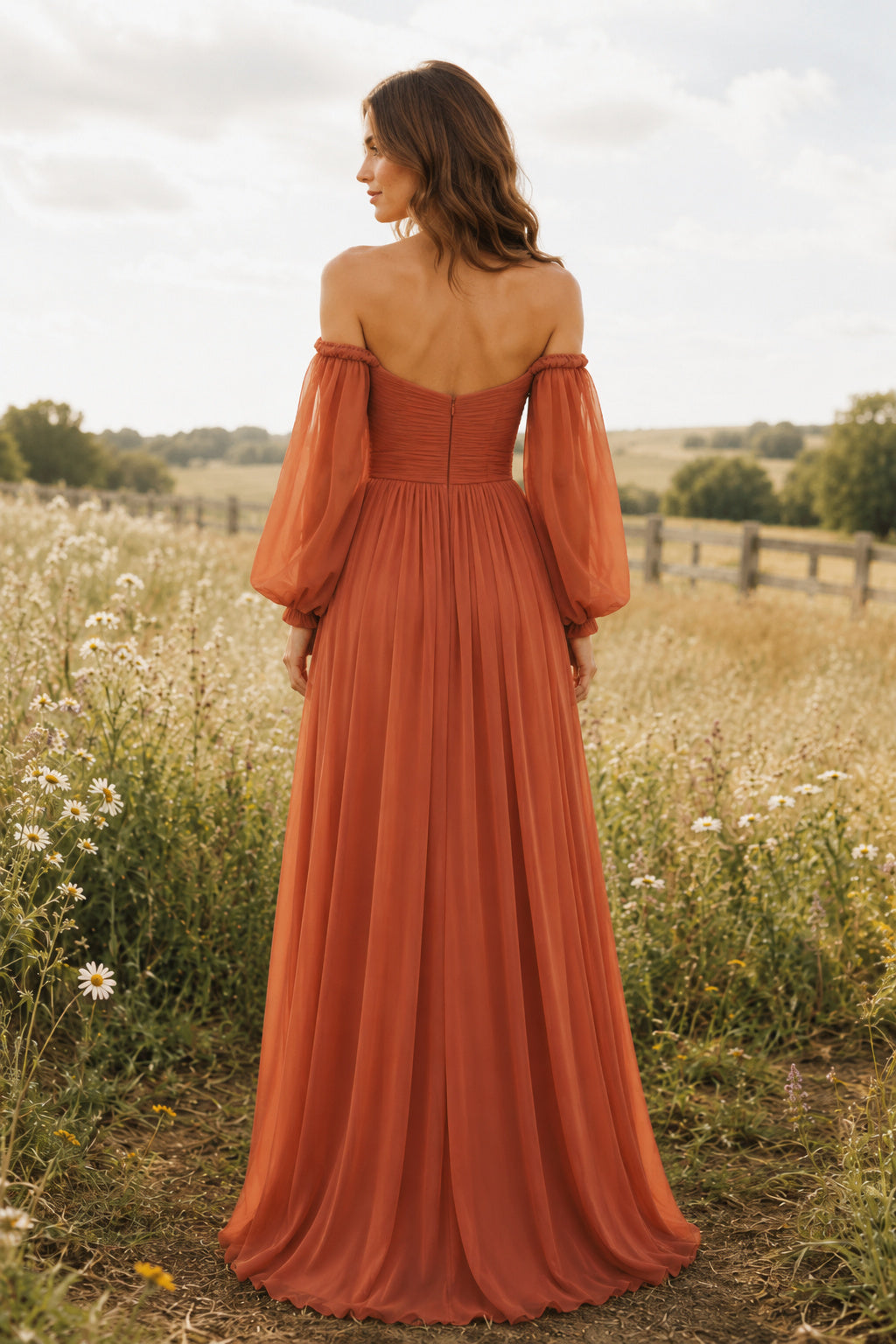 Papaya Off-the-Shoulder Puff Sleeve Chiffon A-Line Bridesmaid Dress with Draped Skirt back view