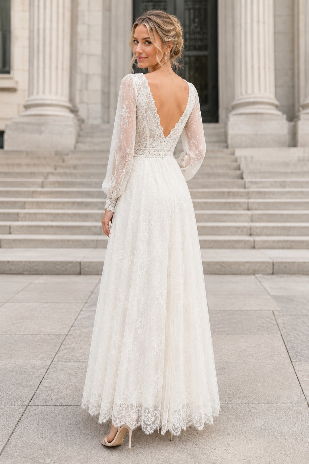 Ivory V-Neck Long Sleeve Lace Tea-Length A-Line Wedding Guest Dress back view