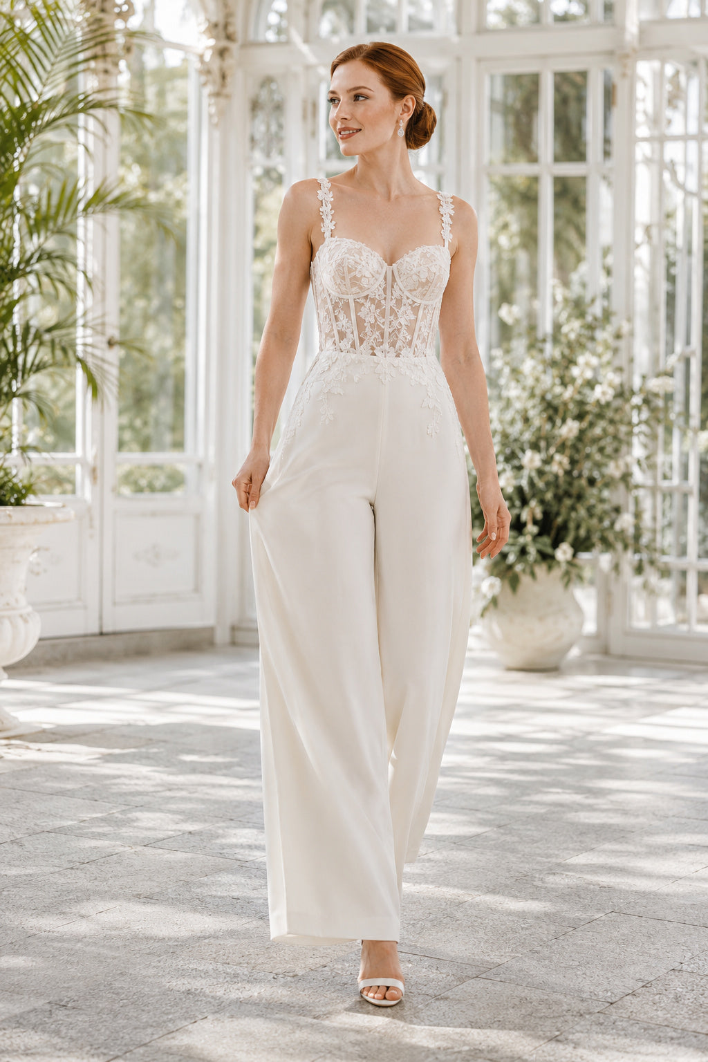 Ivory Spaghetti Strap Lace Bodice Wedding Jumpsuit front view