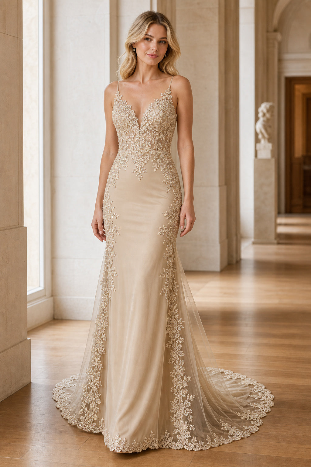 White Sweetheart Mermaid Lace Floor-length Wedding Dress With Lace and Lace Bodice and Open Back Lace Hem Detail