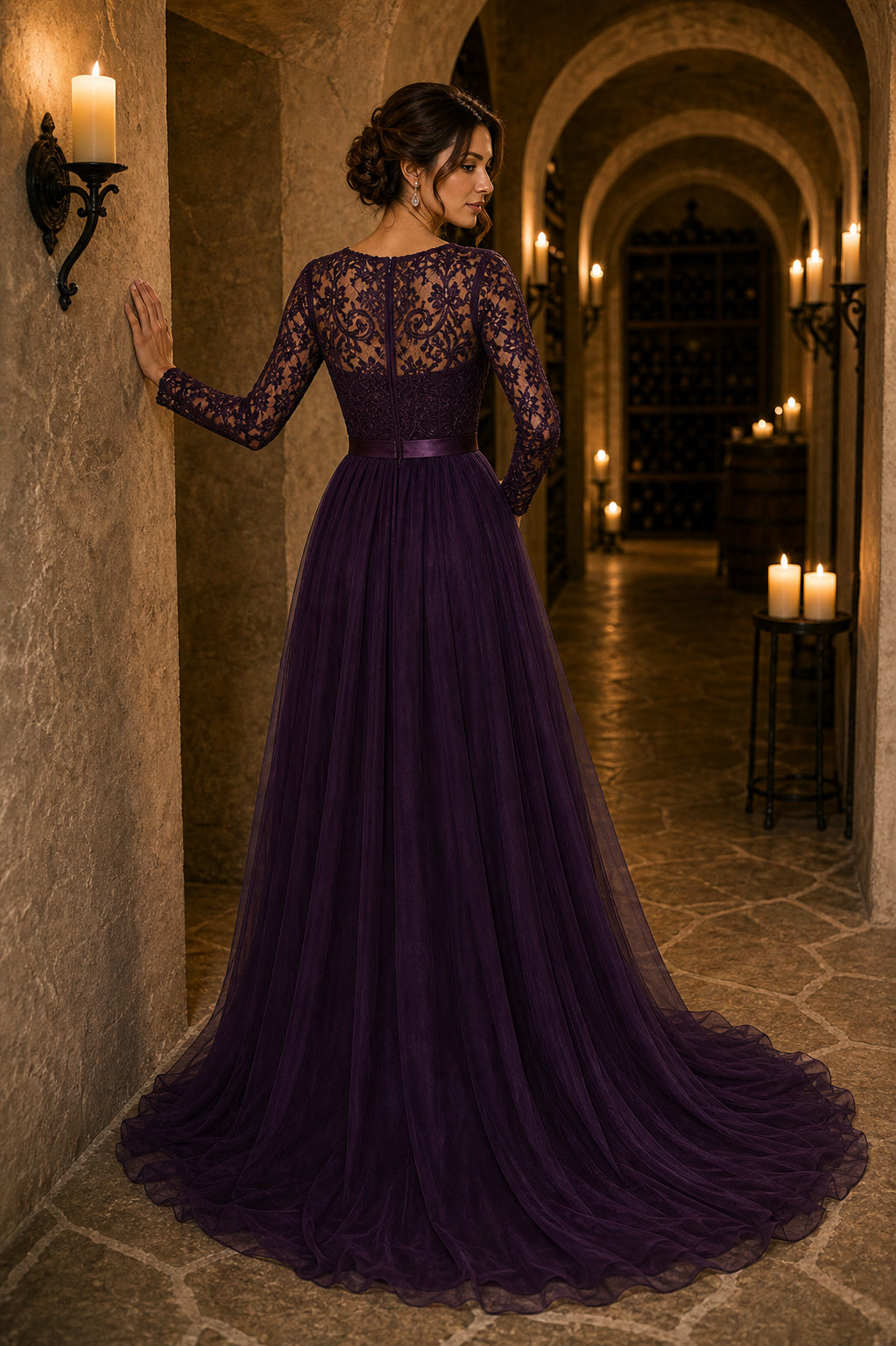 Plum Illusion Long Sleeve A-Line Chiffon Floor-Length Dress With Lace Bodice