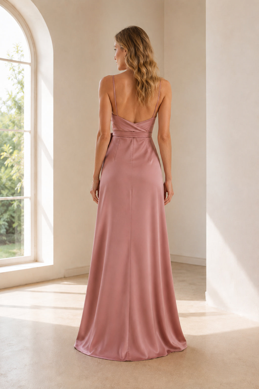 Dusty Rose Spaghetti Charmeuse Sheath Bridesmaid Dress with Cowl Neck Side Split and Ruched Waist back view