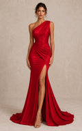 Red One Shoulder Mermaid Evening Gown with Draped Bodice and Thigh Slit front view
