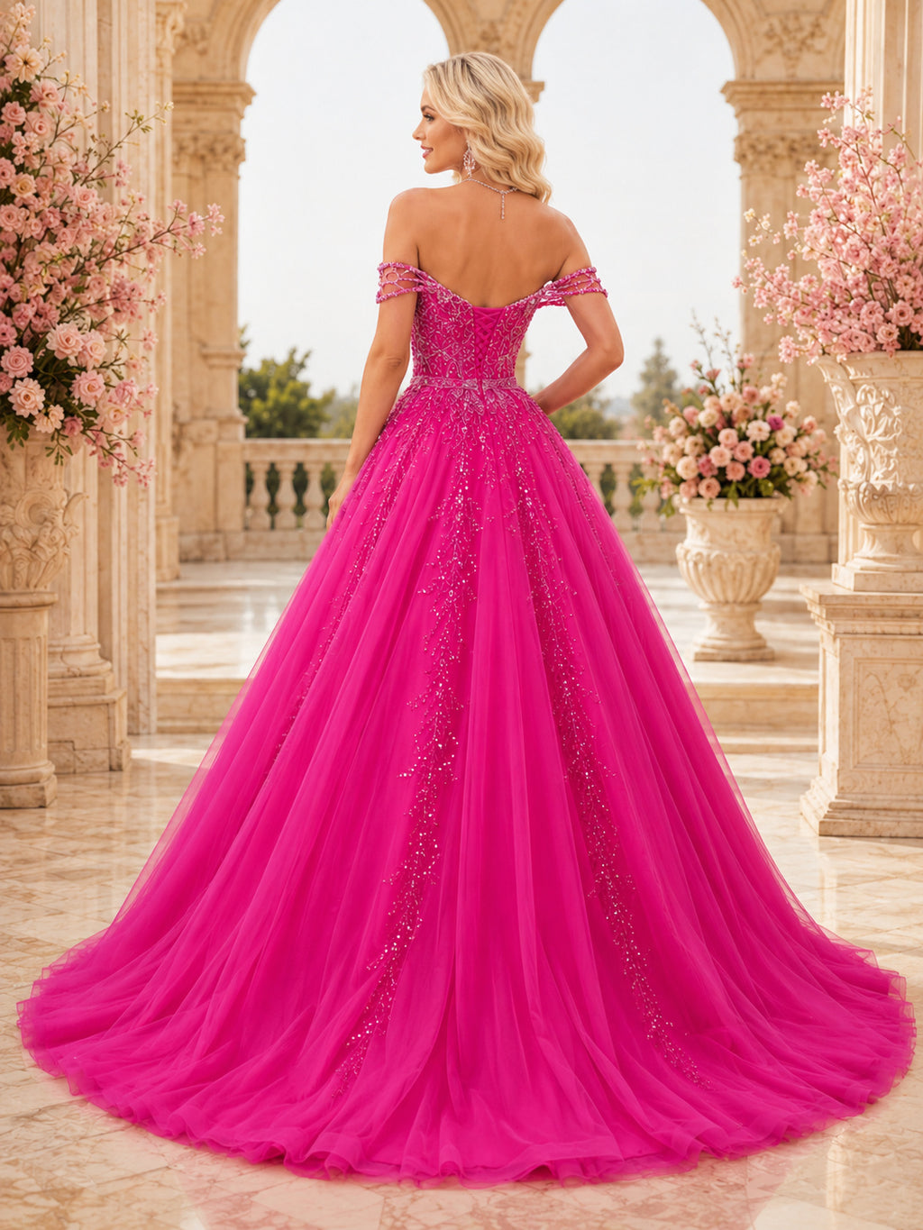 Luxury Fuchsia Carnival Queen Ball Gown Floor Length Off Shoulder Tiered Dress back view