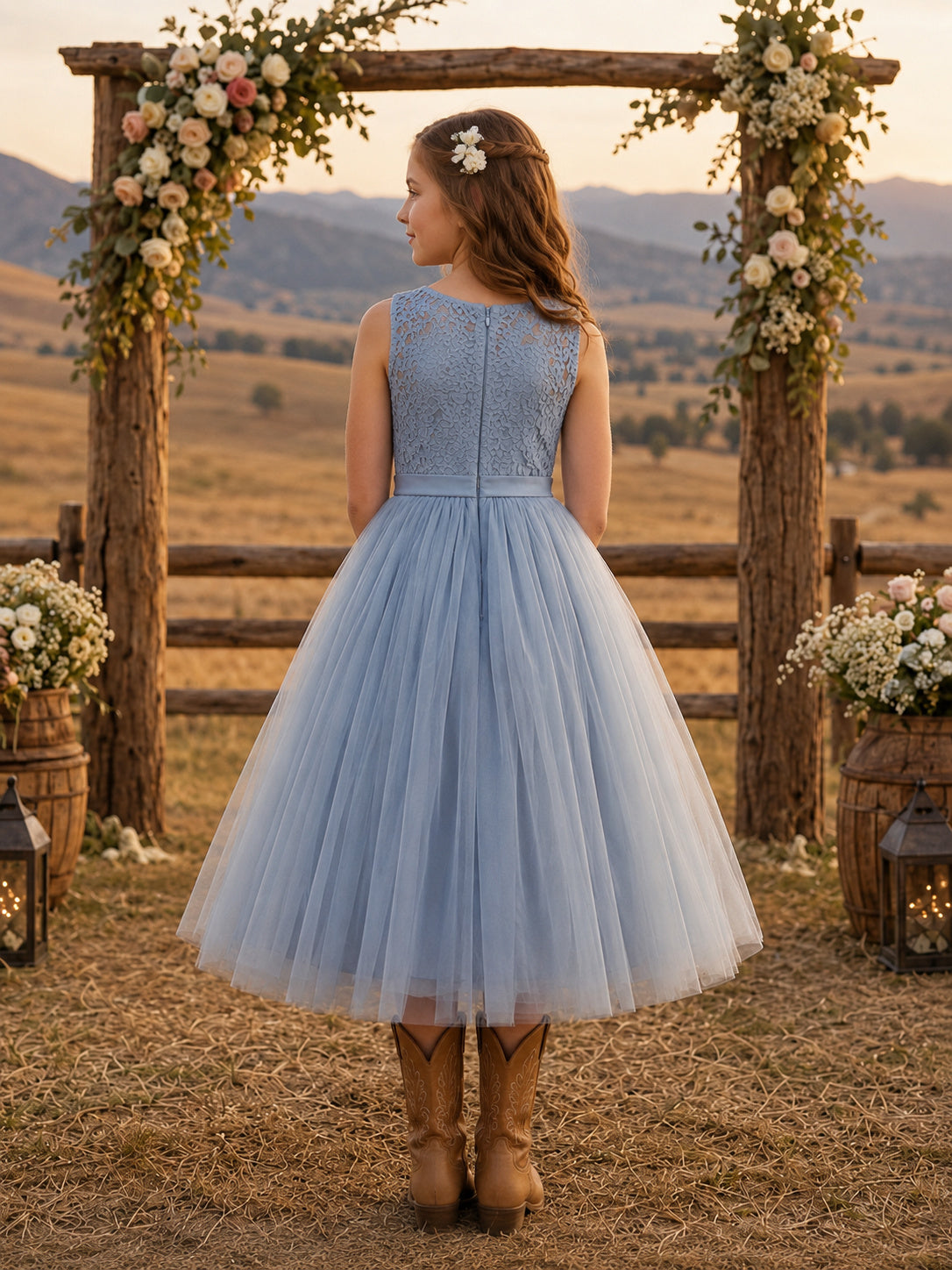 A-Line Flowergirl Blue Tulle Tea-Length Sleeveless Ranch Wedding Dress back view