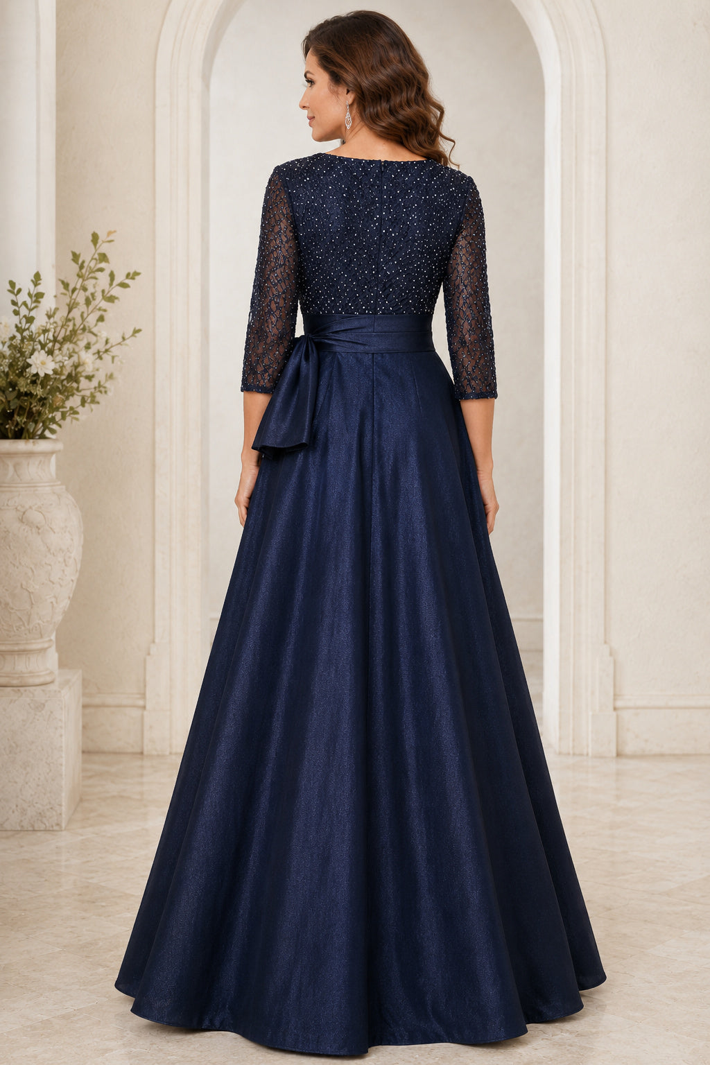 Dark Navy Lace Bodice A-Line Mother Dress Satin Skirt for Mother and Formal Events back view
