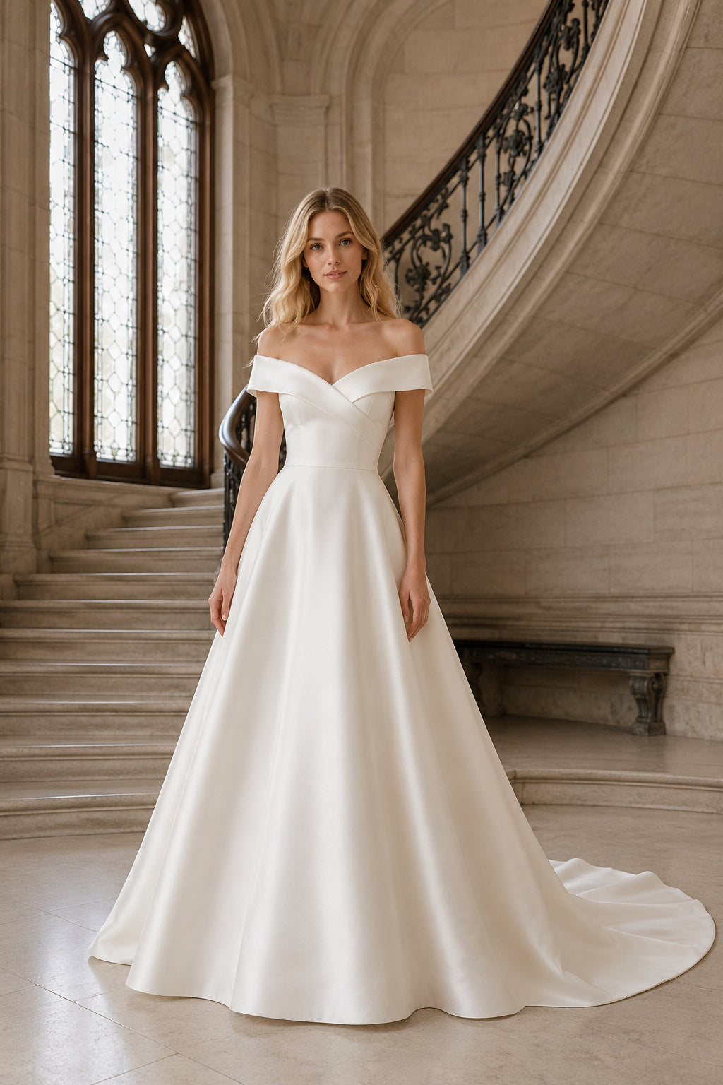 Off-the-Shoulder Satin A-Line Wedding Dress with Court Train front view