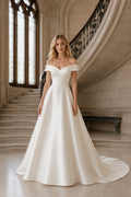 Off-the-Shoulder Satin A-Line Wedding Dress with Court Train front view