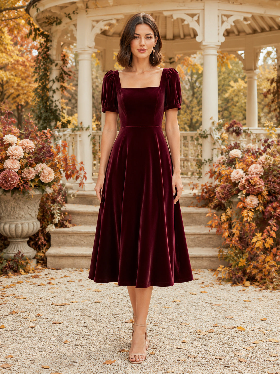 Burgundy Velvet Square Neck Puff Sleeve Midi Dress front view