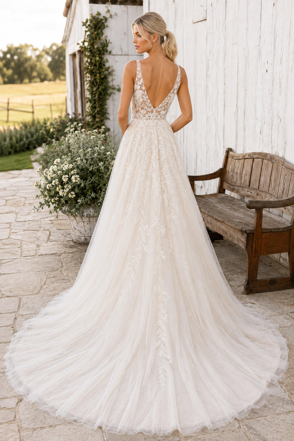 V-Neck Strap A-Line Wedding Dress with Lace Bodice and Full Tulle Train for Rustic Garden Ceremony back view