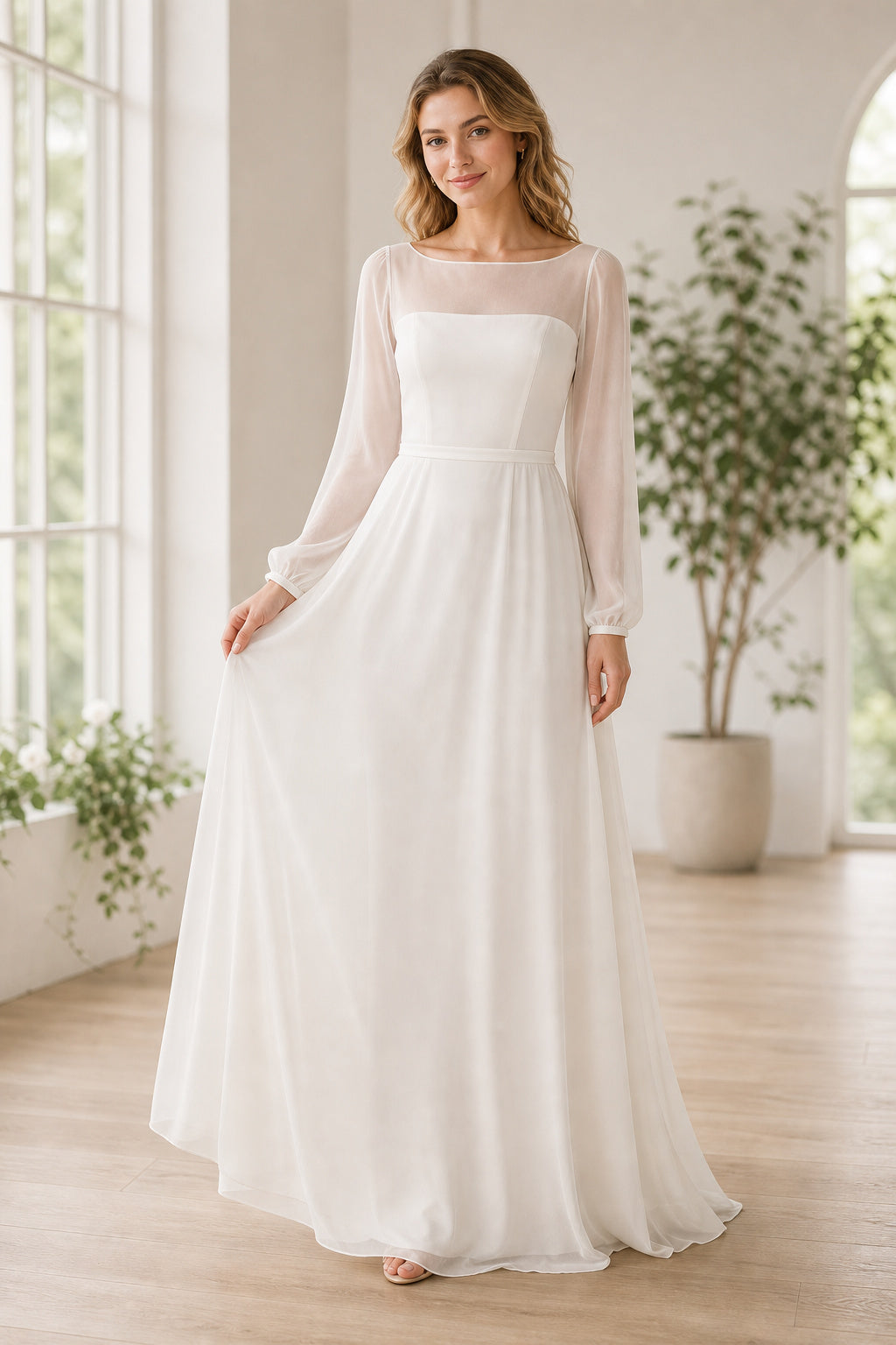 White Scoop Three-Quarter Sleeves A-Line Crepe Floor-length Wedding Dress With Sweep Train and Open Back and Open Back