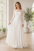 White Scoop Three-Quarter Sleeves A-Line Crepe Floor-length Wedding Dress With Sweep Train and Open Back and Open Back